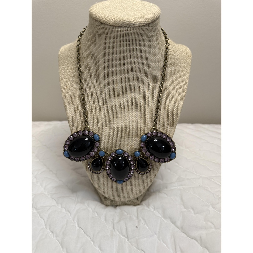 J.CREW Necklace Navy, Purple & Rhinestone Statement Bib Multi Stone Necklace